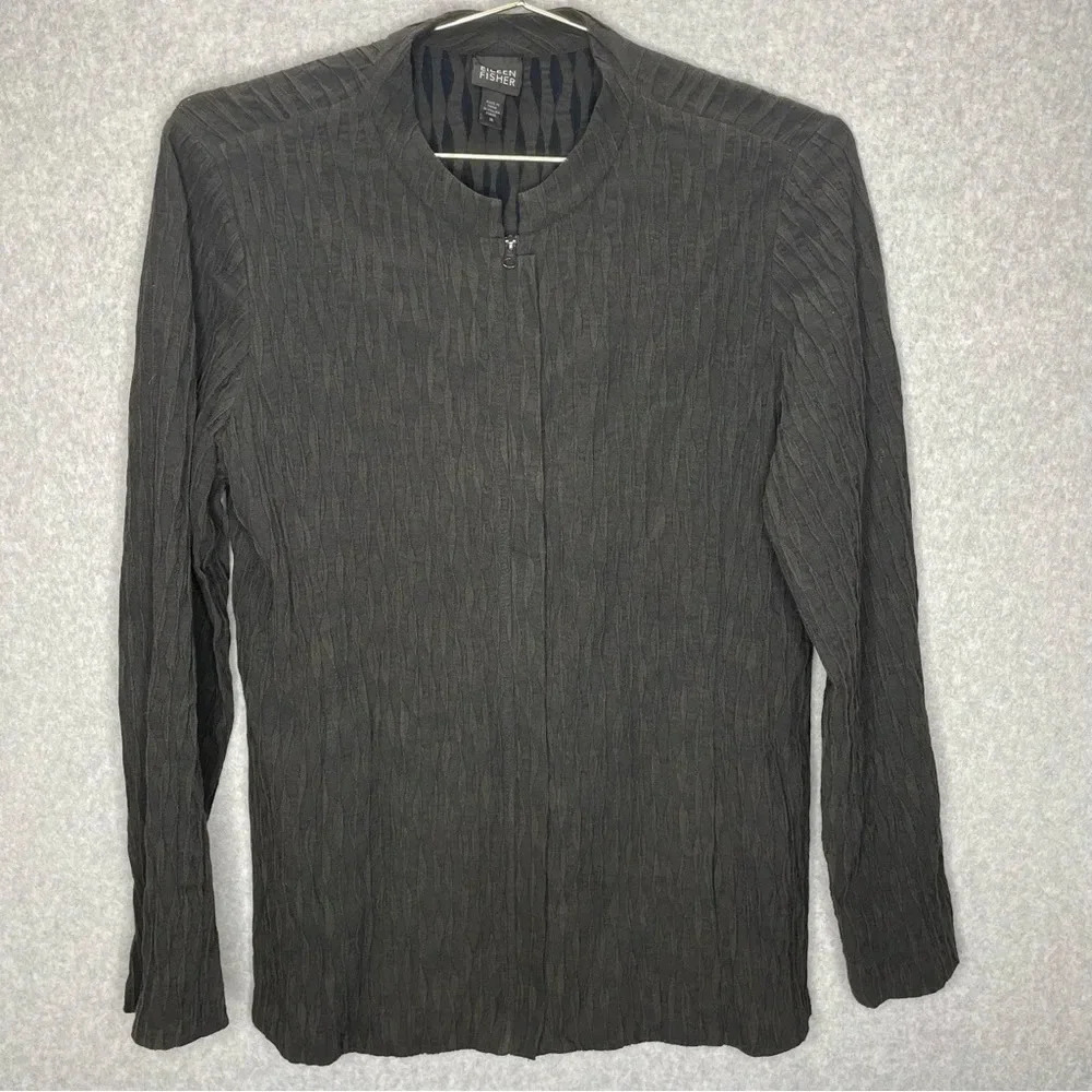 Eileen Fisher 3D Crinkle Minimalistic Quiet Luxury Full Zip Gray Jacket